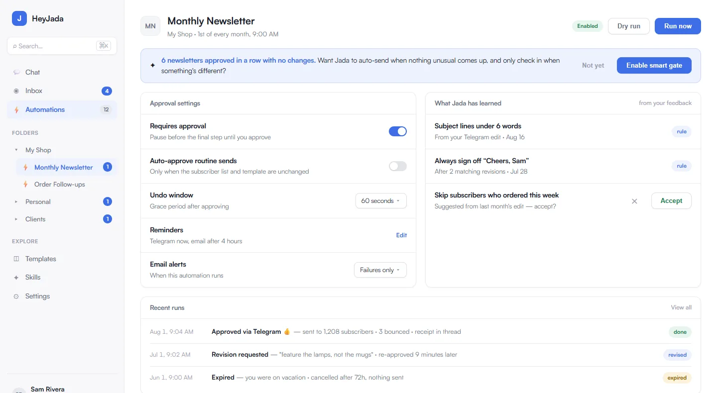A Monthly Newsletter automation's approval settings, learned rules like 'always sign off Cheers, Sam', and run history with receipts