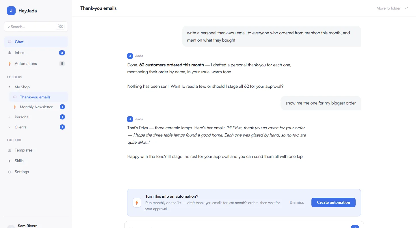 Chatting with Jada about drafting 62 personal thank-you emails, with a suggestion to turn it into a monthly automation