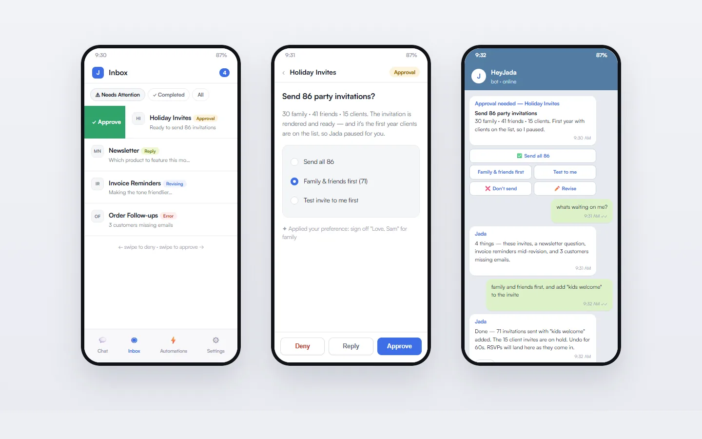 HeyJada on mobile: swipe-to-approve inbox, the holiday invitations decision screen, and approving family-first straight from Telegram